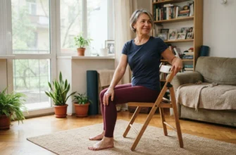 Женщина 50+ занимается йогой на стуле дома