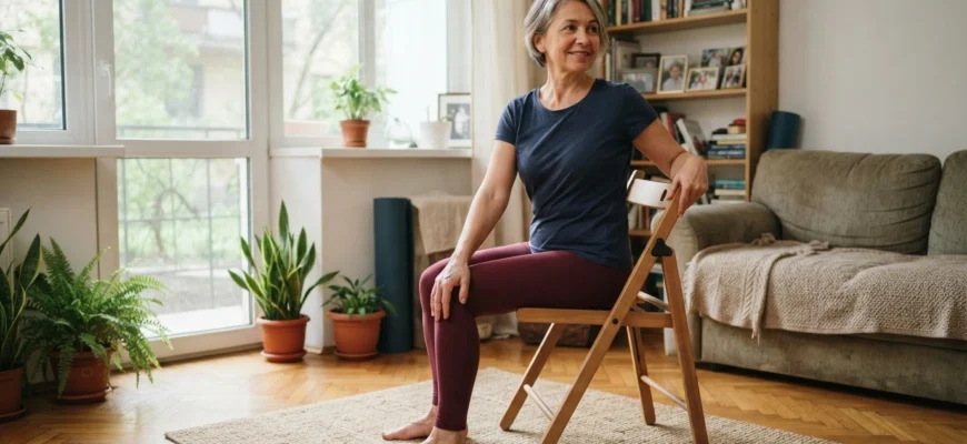 Женщина 50+ занимается йогой на стуле дома